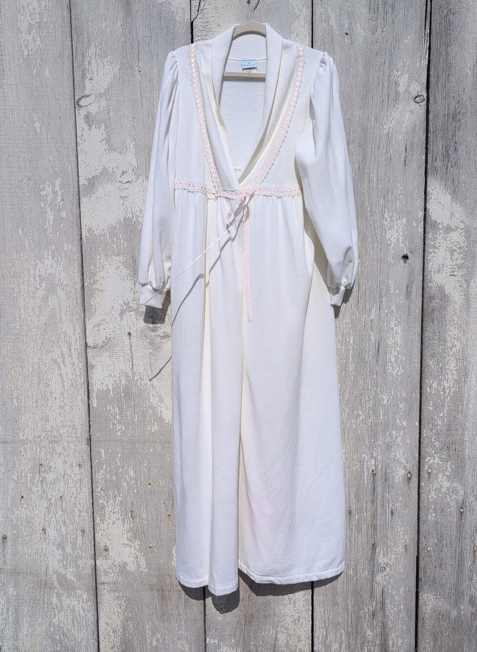 Vintage 80s Gilligan O’Malley White Fleece Robe Lace Trim Empire Waist Women's L